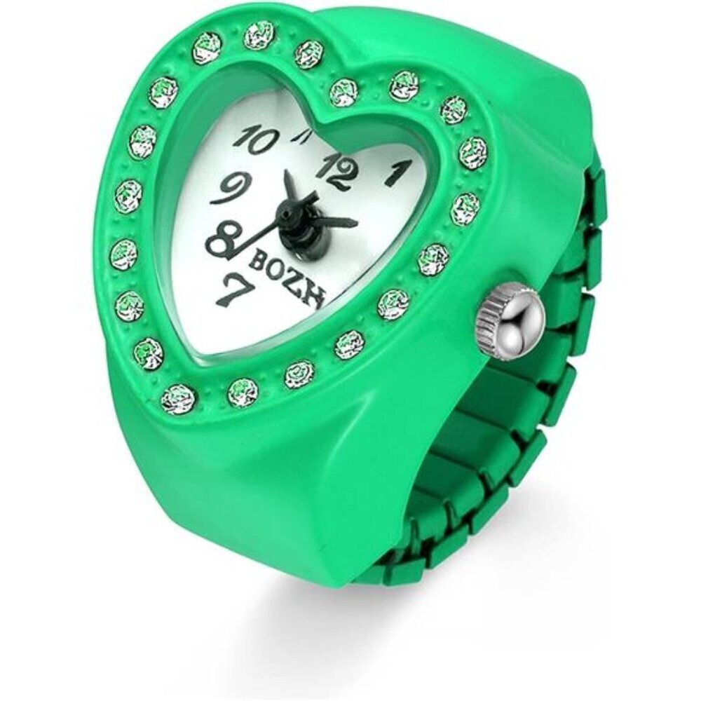 Vibrant Green Heart Watch Ring – Crystal-Embellished Statement Jewelry Retro
